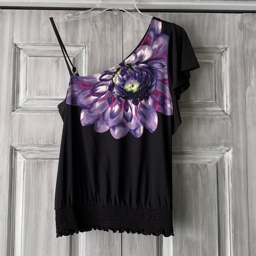 Black One Shoulder Top with Purple Flower and Elastic Waist Band.  Size M
